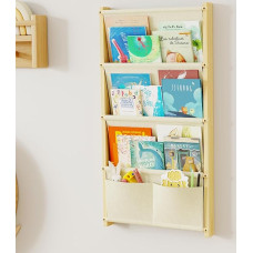 Children's Wooden Bookcase with 4 Layer Pockets Wall Shelf Books Children Montessori Bookcase for Toys Children's Room Baby Room Playroom Children's Shelf Books Storage 80 x 42 cm
