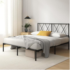 Zinus Elias Bed 135 x 190 cm - Metal Frame with Headboard - Height 30 cm - Bed with Metal Slats - Easy Assembly - Storage Space Under Bed - Black