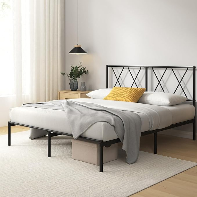Zinus Elias Bed 135 x 190 cm - Metal Frame with Headboard - Height 30 cm - Bed with Metal Slats - Easy Assembly - Storage Space Under Bed - Black