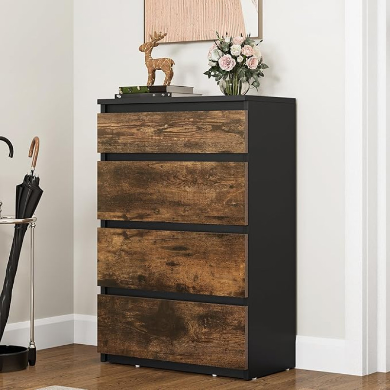 YITAHOME Wooden Chest of Drawers Bedroom Contemporary 4 Drawers Bedroom Furniture Bedroom Storage Unit Sliding Drawers 92 x 33 x 60 cm (Black Rustic Brown)