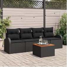 Rantry 5-teiliges Garten Sofa Set mit Kissen Schwarz Poly Rattan Akazie, 2-Sitzer Garten Sofa mit Stauraum und Kissen Schwarz Poly Rattan Gartenlounge Model3356182
