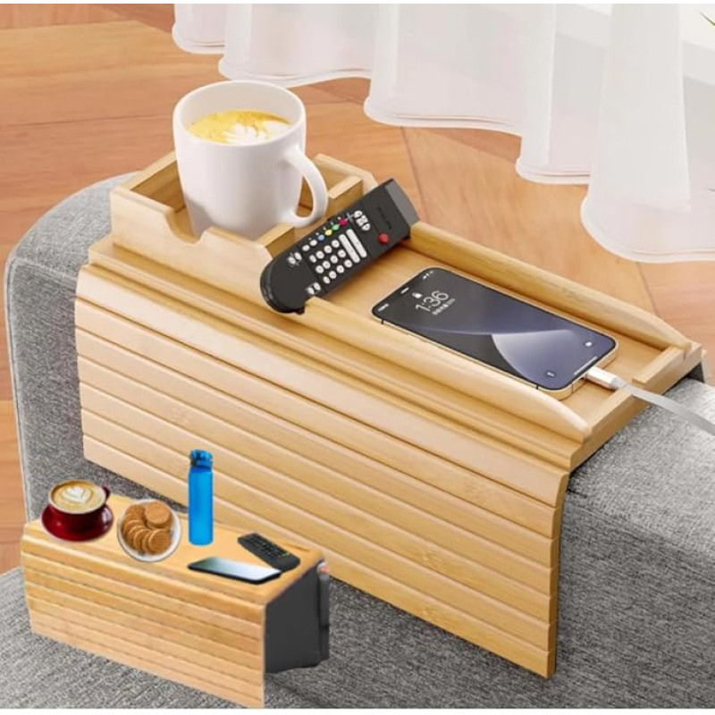 Naturebuz 2-in-1 Sofatablett aus Holz mit abnehmbarem Tablett, Bambus-Armlehnentisch, rutschfest, für Tassen, Fernbedienungen, Flaschen, Lebensmittel, Getränke und Telefone