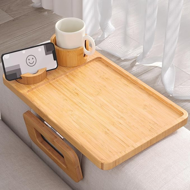 Danfoxer Couch Armrest Tray, Folding Bamboo Tray, Sofa Armrest Tray, Couch Arm Table, Clip On Couch Desk