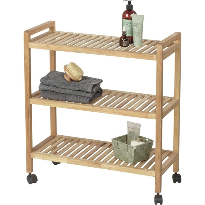 WENKO Norway Household and Bathroom Trolley, High-Quality Rolling Shelf with 3 Levels, Mobile Bathroom, Kitchen & Living Shelf with 3 Shelves in Scandi Style, Made of Solid Walnut Oiled, 65 x 72 x 31