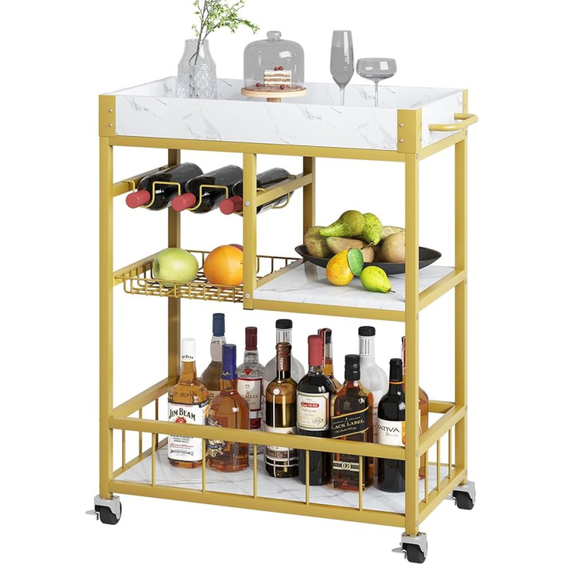 Huhote Industrial Style Kitchen Trolley with Removable Tray with Adjustable Legs and Wheels, Kitchen Shelf, Steel Structure, 65 x 40 x 86 cm, Rustic Brown Black