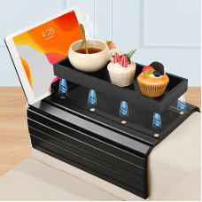 Joy&Grace Couch Arm Tray, 3 in 1 Magnetic Removable Sofa Arm Table with Phone and Tablet Holder, Bamboo Couch Cup Holder, Foldable Sofa Armrest Tray for Food, Drinks, Phones (Black)