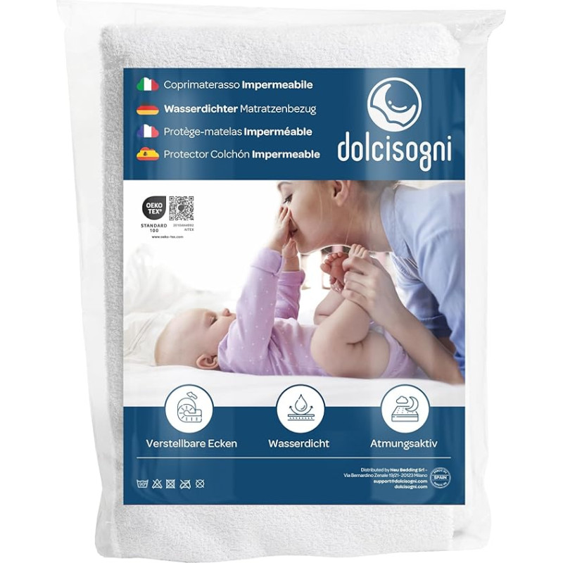 DOLCI SOGNI Mattress Protector 60 x 120 cm (Pack of 2) - Waterproof, Breathable, Antibacterial - With Corner Rubber - Washable up to 60°C - OekoTex - Made in Europe