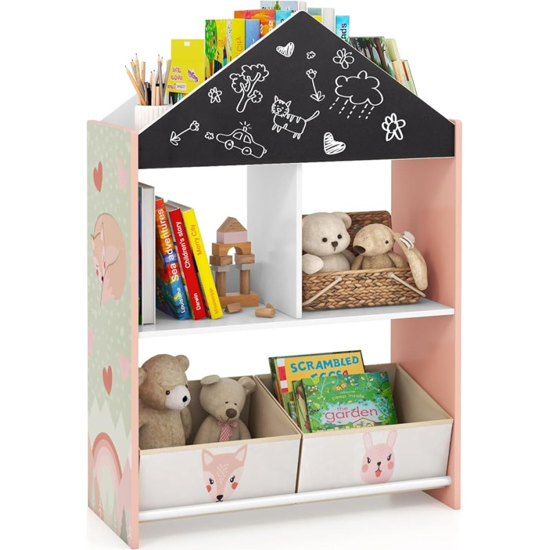 COSTWAY Children's Bookcase with Blackboard & 2 Boxes & 6 Compartments, Children's Room Shelf, Storage Shelf, Toy Shelf for Playroom, Bedroom, 63 x 27 x 90 cm (Pink)