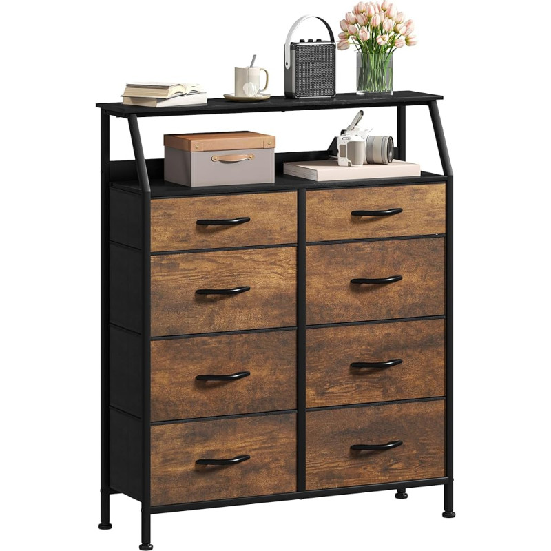 DWVO Chest of Drawers with 8 Fabric Drawers and Handles, Sturdy Steel Frame, Durable and Space Saving for Bedroom and Living Room, Rustic Brown