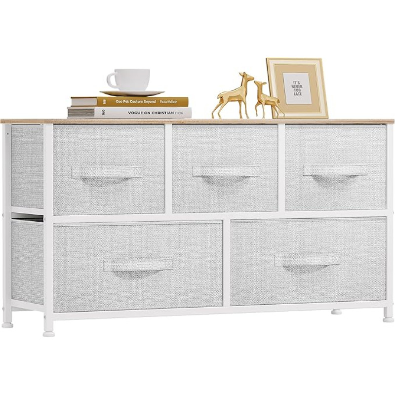 YITAHOME Chest of Drawers with 5 Drawers, Cupboard, Fabric Drawers with Handles, Metal Frame, Durable, Light Grey