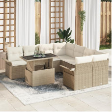 Rantry 9-teiliges Garten Sofa Set mit Kissen Beige Poly Rattan, 2-Sitzer Garten Sofa mit Stauraum & Kissen Beige Poly Rattan Gartenlounge Model3356994