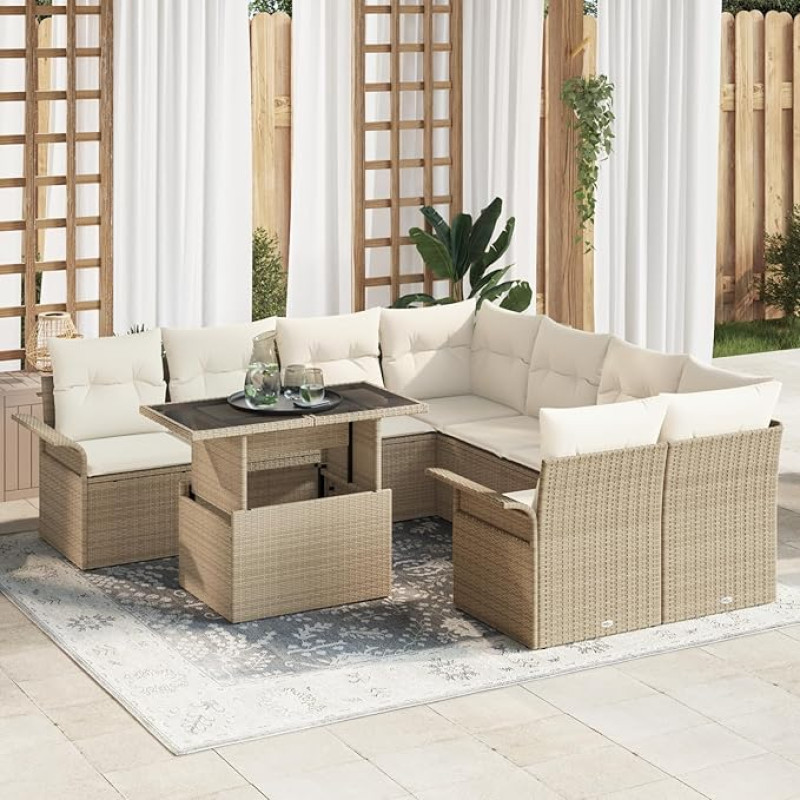 Rantry 9-teiliges Garten Sofa Set mit Kissen Beige Poly Rattan, 2-Sitzer Garten Sofa mit Stauraum & Kissen Beige Poly Rattan Gartenlounge Model3356994