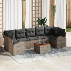 Rantry 8-teiliges Garten-Sofa-Set mit Kissen Grau Poly Rattan Akazie, 2-Sitzer Garten-Sofa mit Stauraum & Kissen Grau Poly Rattan Gartenlounge Model3356214