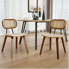 Ya-Home Rattan Dining Room Chairs, Set of 2, Kitchen Chairs with Wooden Legs, Rattan Chair, Faux Leather Seat, Upholstered Chair for Dining Room, Beige