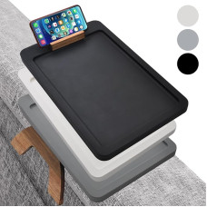 Couch Arm Tray Non-Slip Waterproof Clip On Sofa Armrest Table Sofa Armrest Wooden Armrest Chair Table Holder for TV Dinner Remote Controls Drinks and Snacks Black