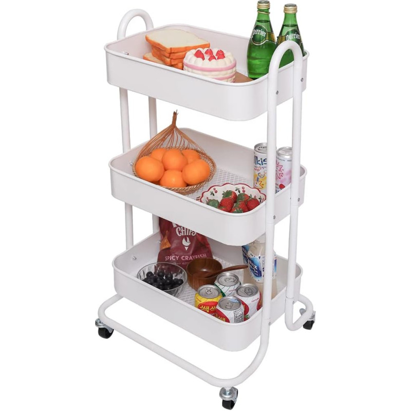 BAKAJI Metal Kitchen Trolley, 3 Shelves, Slim Industrial Style, 4 Rotating Wheels, Ideal for Kitchen, Bathroom, Living Room, Space Saving Design, Multipurpose, 46 x 40 x 84 cm (White)