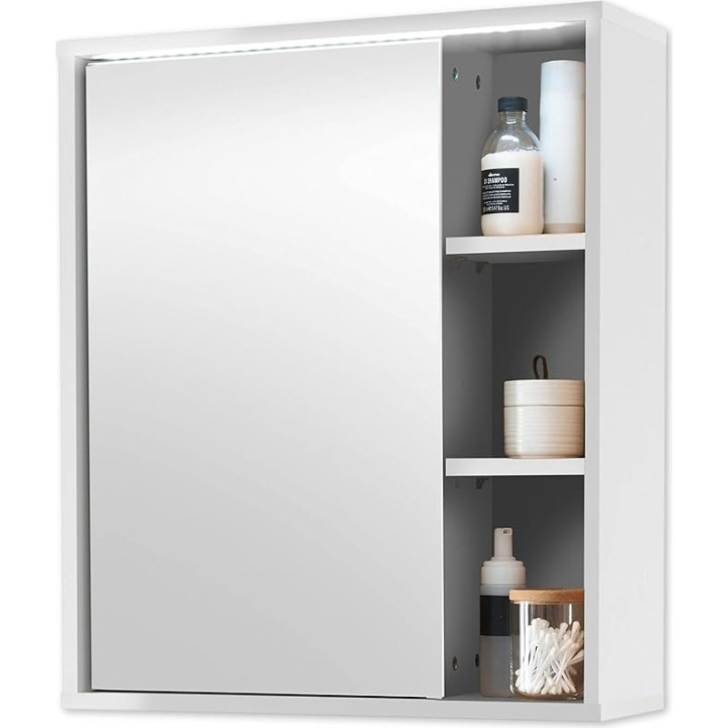 Stella Trading Bathroom Mirror Cabinet with LED Lighting in White - Bathroom Mirror Cabinet with Lots of Storage Space - 60 x 70 x 20 cm (W x H x D)
