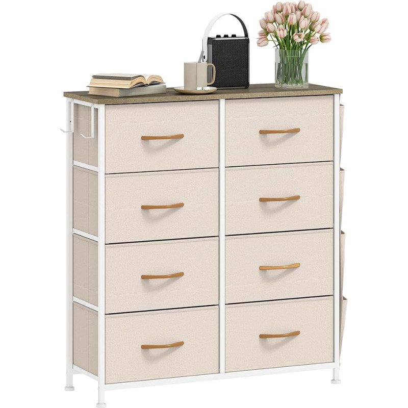 DWVO Chest of Drawers with 8 Drawers, Durable Cabinet with Hooks and Side Pockets, Fabric Drawers with Handles, Robust Metal Frame, for Bedroom, Living Room, Beige