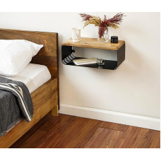 Walnut Top Floating Bedside Table | Modern Bedroom Decor | Minimalist Wall Bedside Table | Wall Mounted Shelf | Obsidian Oasis: Bold Black