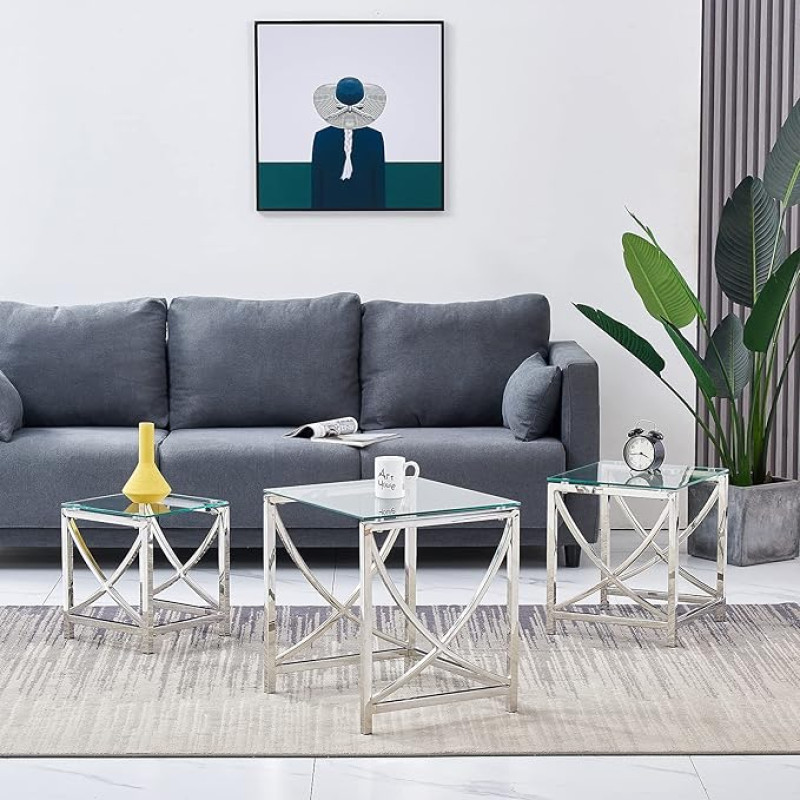 JaHECOME Set of 3 Coffee Tables, Side Tables, Set of 3 Made of Stainless Steel Frame and Tempered Glass for Living Room, Modern Design, Sofa Table (Transparent Glass)