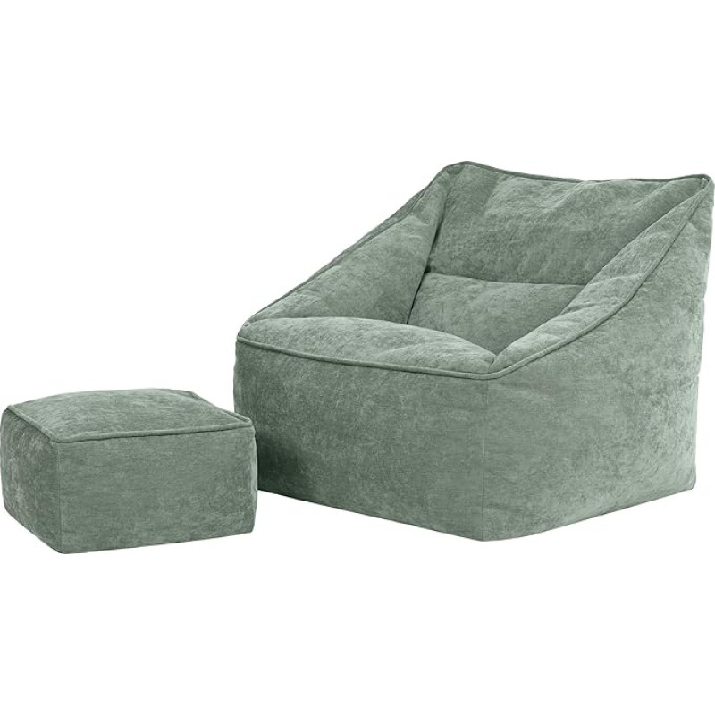 Icon Natalia Bean Bag Chair with Stool for Adults, Sage Green, Fluffy Chenille Fabric, Giant Bean Bag with Filling, Bean Bag Chair, Comfortable Chair, Lounge, Bedroom, Living Room Furniture