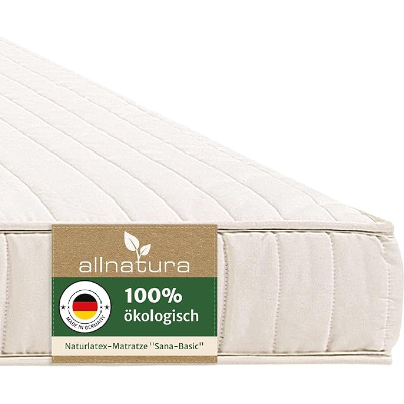 allnatura Natural Latex Mattress - 90 x 200 cm, Firm (H4), Height: 14 cm - 5-Zone Support System with Integrated Shoulder Lowering - Made in Germany with 100% Natural Rubber