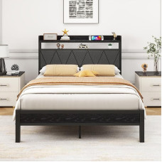 VERFARM Upholstered Metal Bed, 120 x 200 cm, Modern Bed Frame with Slatted Frame, Wooden Bed Frame with 2-Tier Headboard with Storage Space, Double Bed 120 x 200 cm for Bedroom, Guest Room