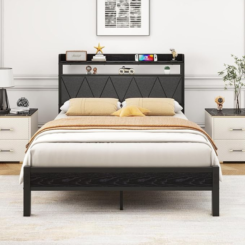 VERFARM Upholstered Metal Bed, 120 x 200 cm, Modern Bed Frame with Slatted Frame, Wooden Bed Frame with 2-Tier Headboard with Storage Space, Double Bed 120 x 200 cm for Bedroom, Guest Room