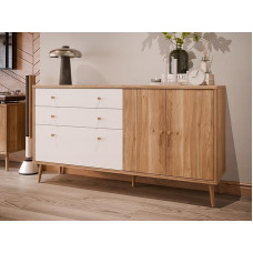 Forte Harllson, Easy Assembly Thanks to EasyKlix Chest of Drawers, Wood Decor: Mauvella Oak Nit White, Sideboard with 2 Drawers and 3 Doors, Mid Century, 160 cm Wide x 86 cm High x 41 cm Deep