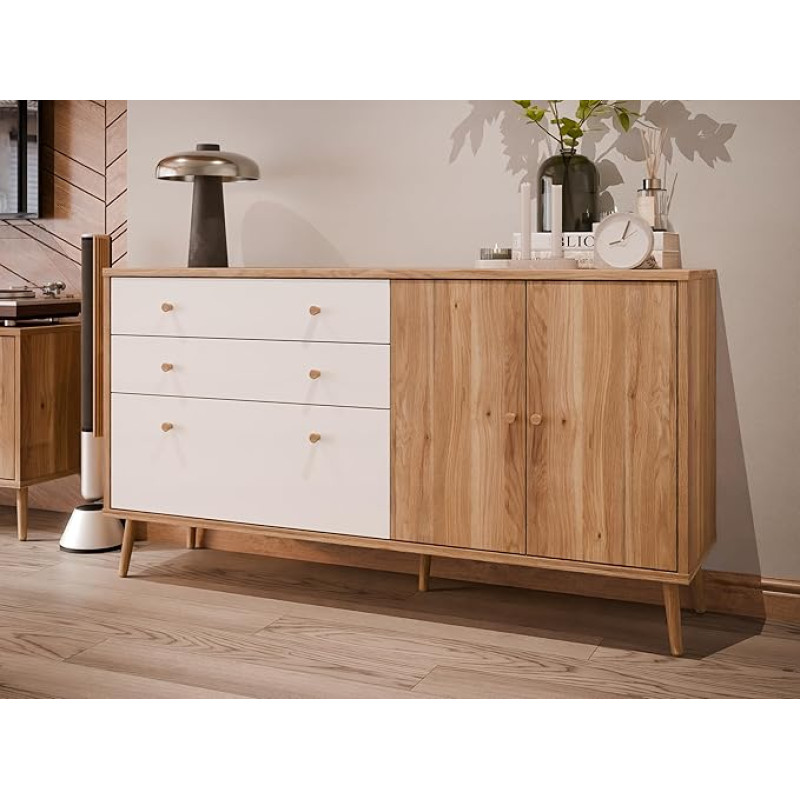 Forte Harllson, Easy Assembly Thanks to EasyKlix Chest of Drawers, Wood Decor: Mauvella Oak Nit White, Sideboard with 2 Drawers and 3 Doors, Mid Century, 160 cm Wide x 86 cm High x 41 cm Deep