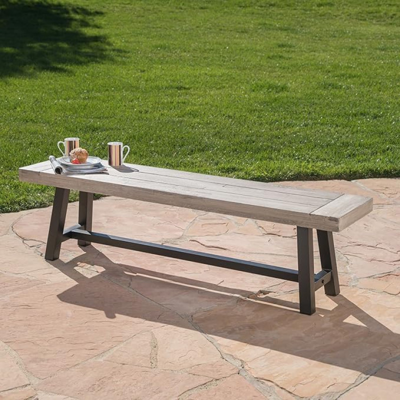 Cassie Outdoor Dining Bench Acacia Wood Light Grey with Black Rustic Metal Frame