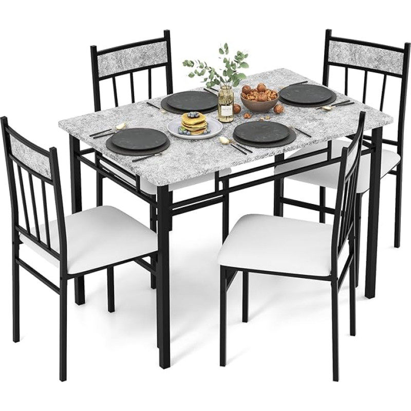 Tangkula 5-Piece Dining Table Set for Dining Room, Kitchen, Table and Chairs Set for 4 People, Metal Frame & Padded Seat, Faux Marble Table Top, Black & Grey (Black & Grey)