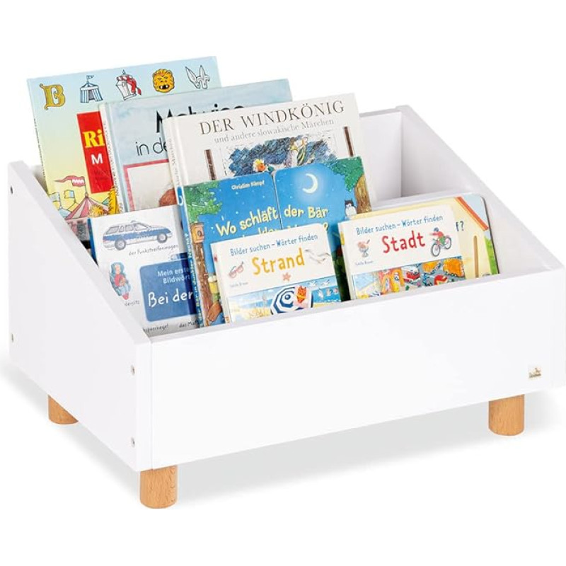 PINOLINO Ando Children's Bookcase - Scandinavian Design, 2 Tiered Compartments, White MDF with Rounded Wooden Feet, Shelf for Children from 3 Years, White, Wide