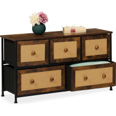 Relaxdays Chest of Drawers, 5 Drawers, Rattan Look, Hallway, Bedroom, HBT 54.5 x 100 x 32.5 cm, Sideboard, Metal, Brown/Black