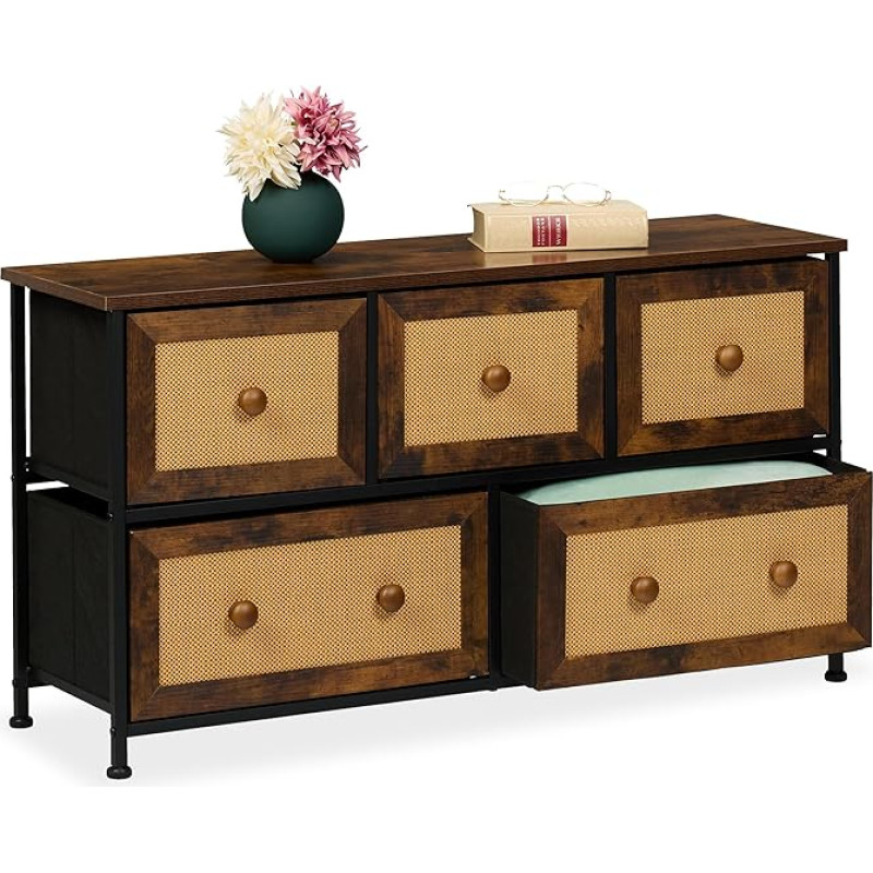 Relaxdays Chest of Drawers, 5 Drawers, Rattan Look, Hallway, Bedroom, HBT 54.5 x 100 x 32.5 cm, Sideboard, Metal, Brown/Black