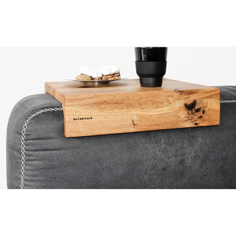 holzblock Coffy Premium Wooden Sofa Tray, Armrest Rest, Sofa Butler, Couch Shelf, Drink Holder for Coffee and Tea, Wooden Tray Sofa, Couch Tray Made of Oak, Nut (Oak, 30 cm)