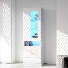 soges LED Illuminated Display Cabinet White High Gloss 50 x 40 x 180 cm Multifunctional Storage Cabinet for Living Room
