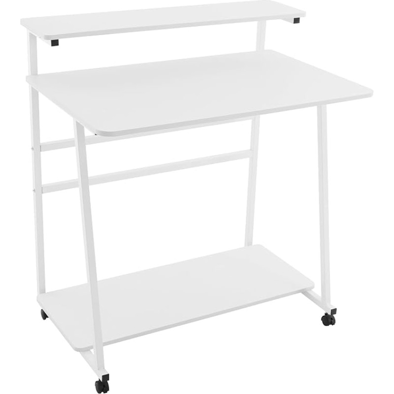 Mobiler Roll-Laptop-Schreibtisch, zusammenklappbarer 3-stöckiger Computertisch mit Ablagen auf Rädern für Home Office, Schlafzimmer, Wohnzimmer – platzsparendes weißes Design
