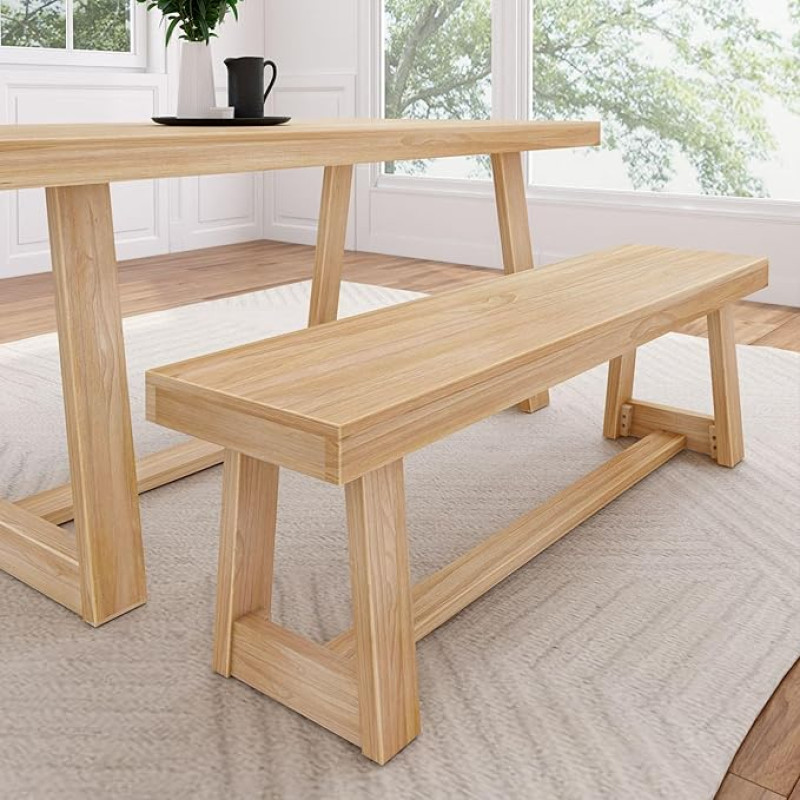 Plank+Beam 60 Inch Farmhouse Dining Bench, Solid Wood Entrance Bench, Wooden Outdoor Bench, Kitchen Dining Room Seat, Dining Room, Home Office, Living Room Furniture, Easy Assembly, Blonde Wire Brush
