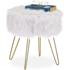 Relaxdays Fur Stool, Faux Fur, Metal Frame, Round, Fluffy, Elegant Dressing Table Stool, H 40 x D 38 cm, White/Gold