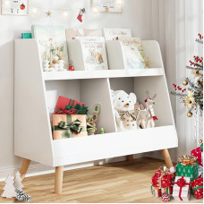 LUE BONA Children's Shelf, Bookcase, Storage Shelf for Children, Standing Shelf, 2 Levels of Open Storage, Children's Room Toy Display Case with Solid Wooden Legs, 32 x 82 x 69 cm, White