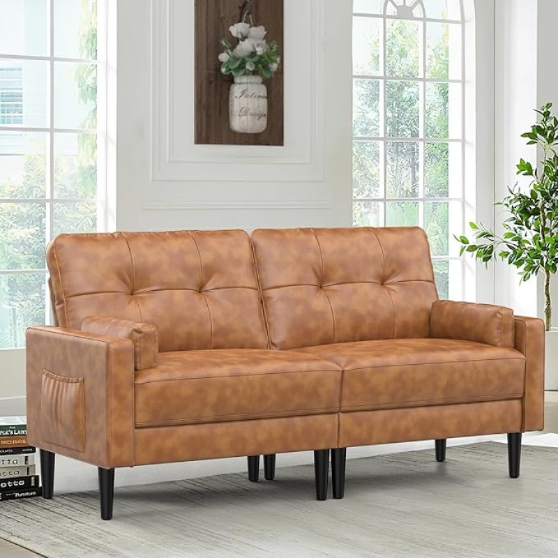 Aotumm Ciort Sofa 2 Seater, Modern Sofa with Thick Padding, 2 Cushions, Comfortable Leather Sofa with 2 Storage Compartments for Living Room/Bedroom/Office, Easy to Assemble Sofa, Small 2 Seater,