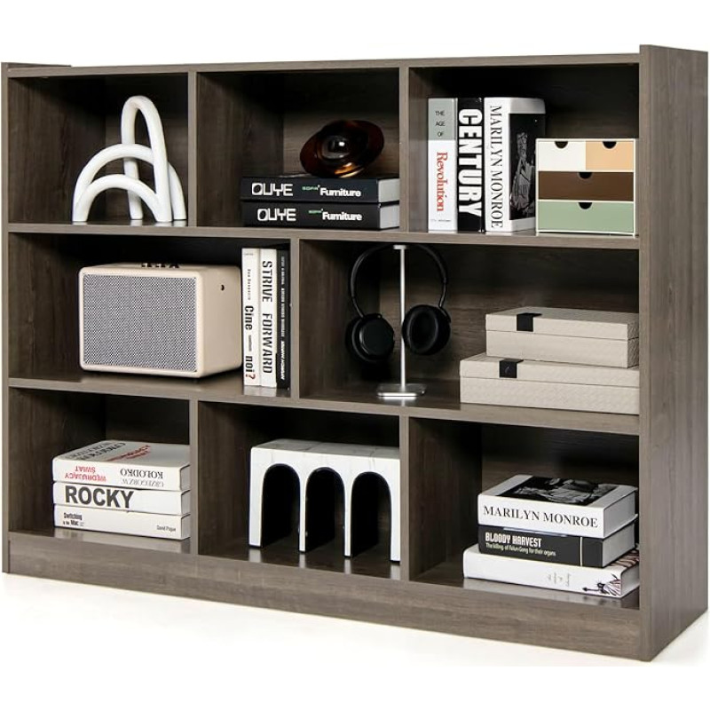 KOMFOTTEU Open Bookcase, Bookcase, 3 Levels, Standing Shelf, Storage Cabinet with 8 Cubes, Office Shelf, Cube Shelf, Wood, Standing Cabinet, Living Room Cabinet for Books, Toys (Dark Grey)