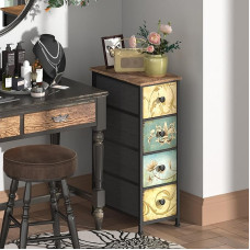 VEDECASA Chest of Drawers with 4 Fabric Drawers, Narrow Chest of Drawers for Bedroom, Vertical Tall Storage Tower for Bathroom, Kitchen, Living Room, Small Space, Wooden Top, Sturdy Metal Frame