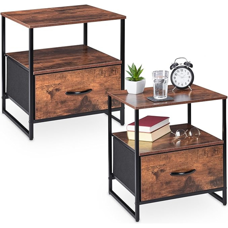 Relaxdays Industrial Bedside Table, Set of 2, HBT 50 x 45 x 42.5 cm, Bedside Cabinet with Drawer, Bedroom, Black/Brown