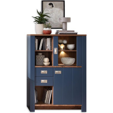 Dijon Display Cabinet in Parisian Blue, Havel Oak Cognac Look, Modern Display Cabinet with LED Lighting and Lots of Storage Space, 98 x 134 x 38 cm (W x H x D)
