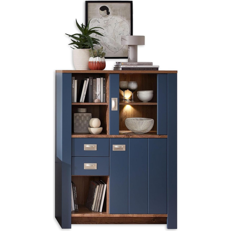 Dijon Display Cabinet in Parisian Blue, Havel Oak Cognac Look, Modern Display Cabinet with LED Lighting and Lots of Storage Space, 98 x 134 x 38 cm (W x H x D)