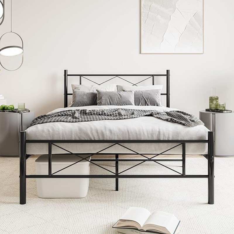 HOJINLINERO Metal Bed 120 x 200 cm with Slatted Frame, Double Bed 120 x 200 cm, Metal Bed Frame with Headboard, Modern Guest Bed, Youth Bed, Bed Frame 120 x 200 cm, Easy Assembly, Black