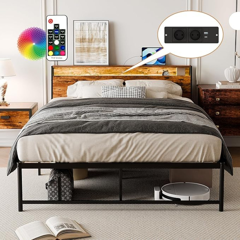 BEXEVUE Bed 140 x 200 cm with LED and Socket, Metal Bed Frame with Headboard, Modern Bed Frame with Storage Space, Robust and Durable, Easy to Assemble, Ideal for Bedroom and Guest Room