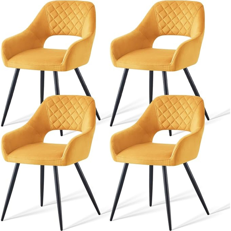 AINPECCA Set of 2 Dining Room Chairs, Velvet Upholstered Seat Armchairs with Black Metal Legs, Living Room, Lounge, Reception, Restaurant (Yellow, 4